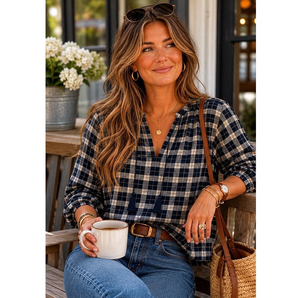 Linen/Cotton Madewell Coastal Plaid Tassel Peasant Top | Effortless Chic XS